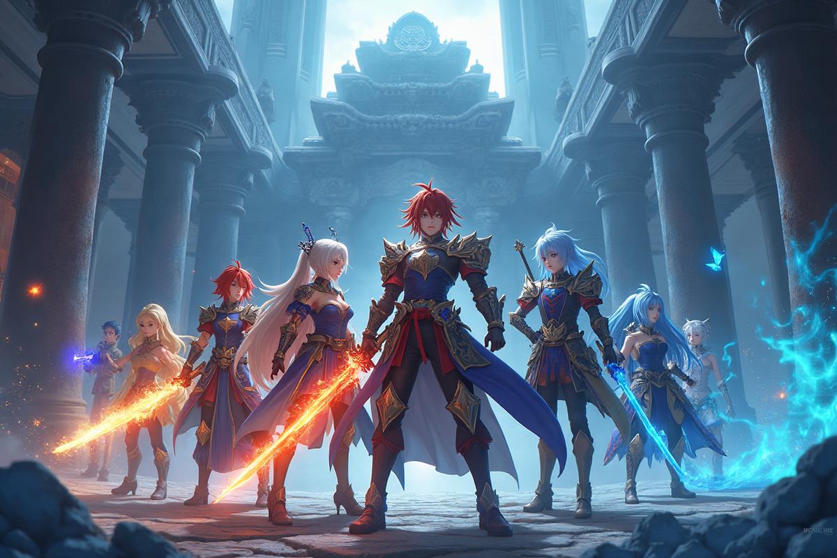 Personagem guerreira com espada elemental brilhante